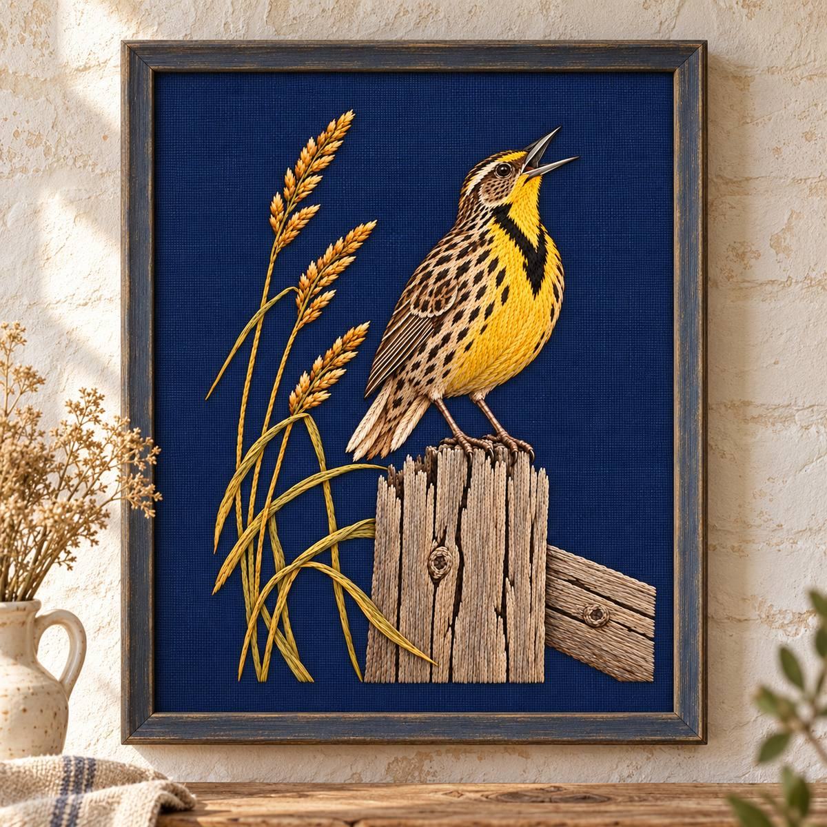 Meadowlark embroidery design shown in a digital mockup of upright indigo framed embroidery on barn limewashed wall. Study 56.