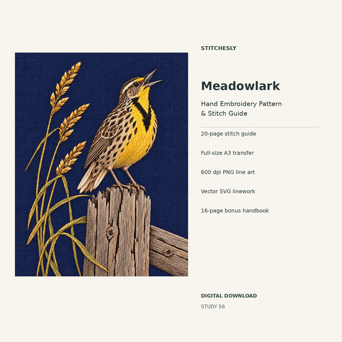 Meadowlark hand embroidery digital package cover showing the reference artwork and included guide, transfer, PNG, SVG and bonus handbook.