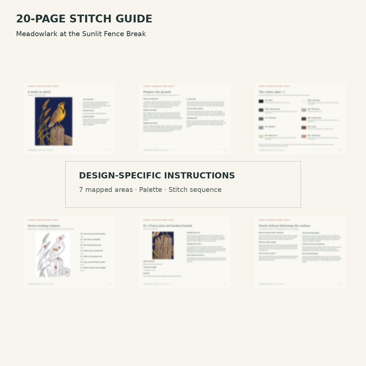 Protected page overview of the 20-page Meadowlark stitch guide, including its numbered map, suggested palette and working sequence.