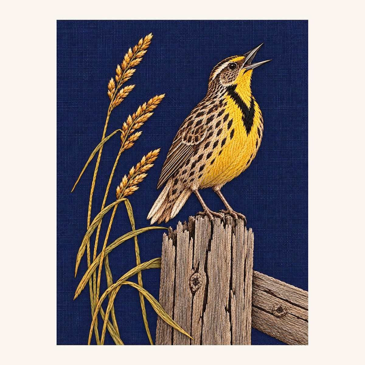 Digital embroidery reference showing a meadowlark on a broken fence post on deep indigo linen, portrait composition.