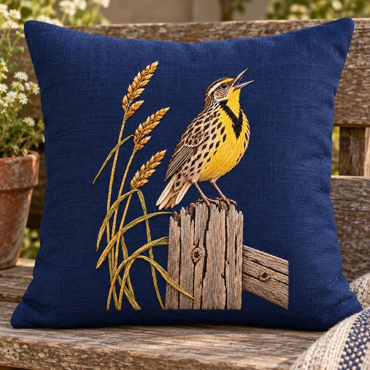 Meadowlark hand embroidery design on a blue cushion. Digital placement mockup; finished item and materials are not included.