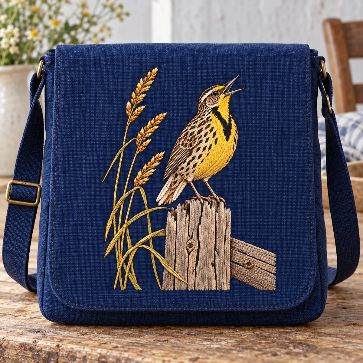 Meadowlark embroidery design in a digital mockup of indigo country satchel with portrait motif on tall front. Placement inspiration for Study 56.