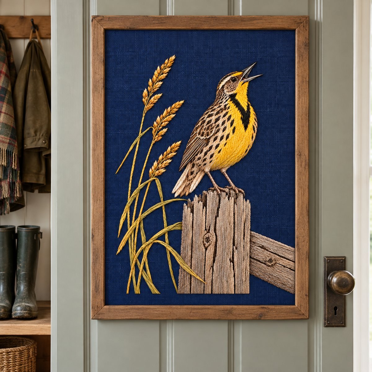 Meadowlark embroidery design in a digital mockup of upright indigo textile panel in boot-room door. Placement inspiration for Study 56.