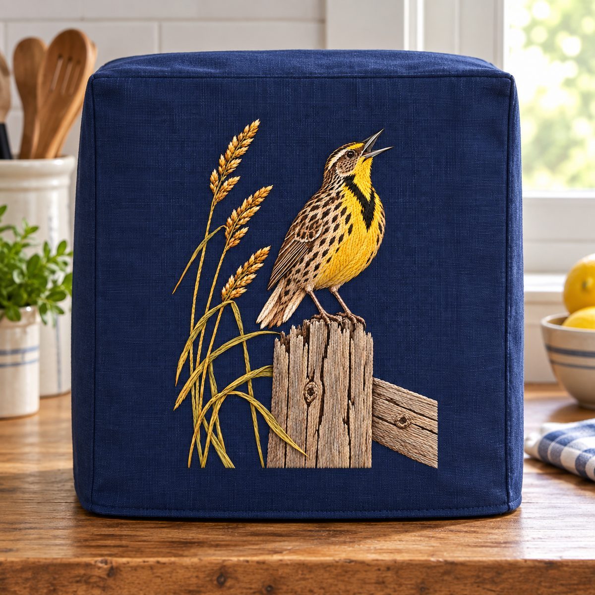 Meadowlark embroidery design in a digital mockup of indigo appliance cover with tall flat front on a farmhouse counter. Placement inspiration for Study 56.