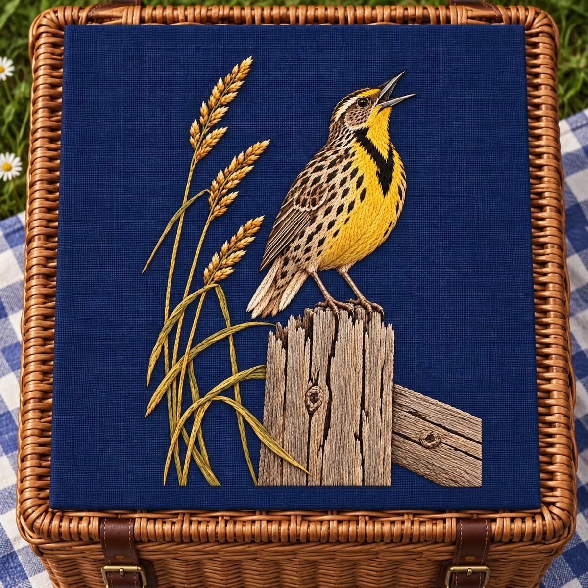 Meadowlark embroidery design in a digital mockup of portrait indigo panel on picnic hamper lid, directly overhead. Placement inspiration for Study 56.