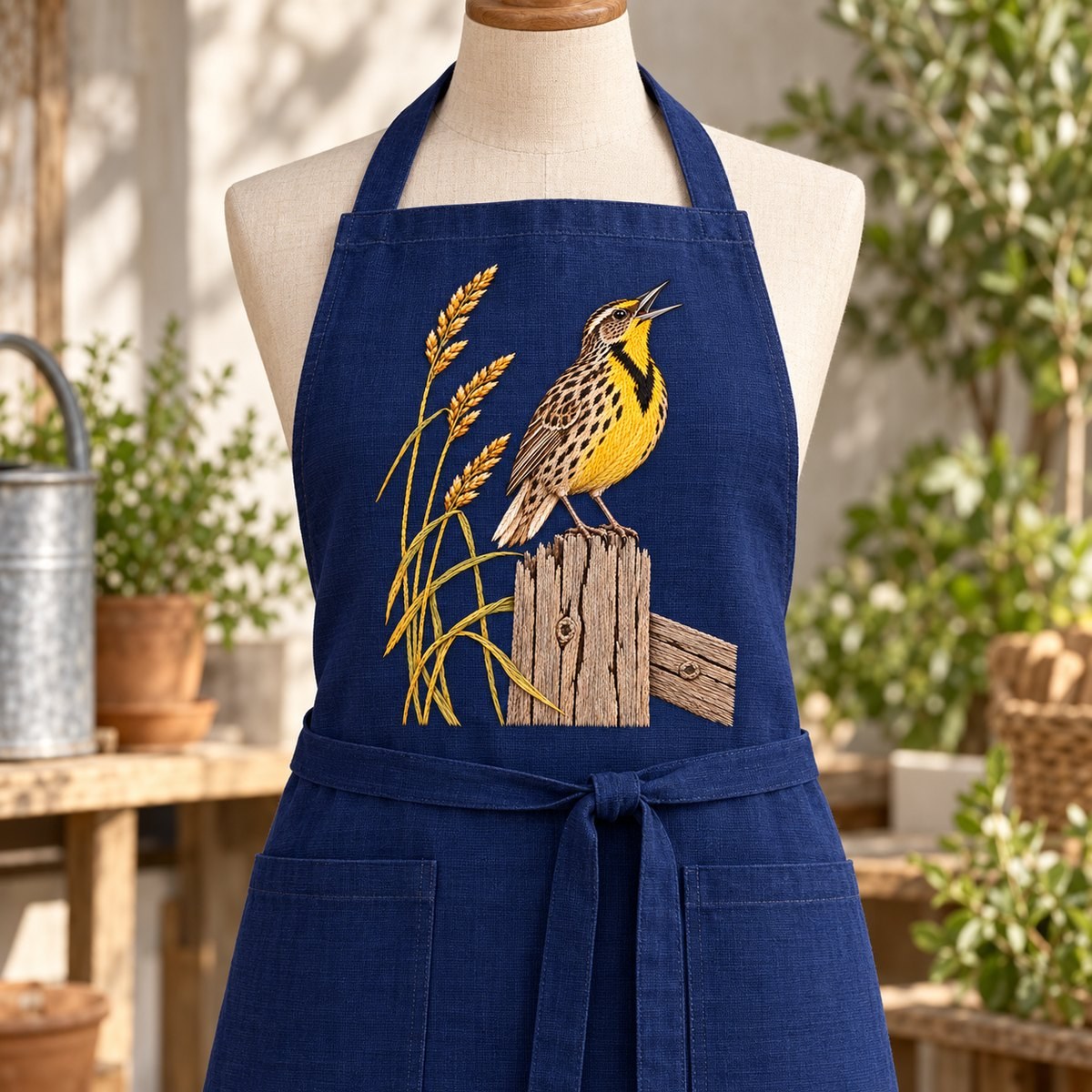 Meadowlark embroidery design in a digital mockup of indigo gardener apron with portrait motif on upright bib, wooden mannequin. Placement inspiration for Study 56.