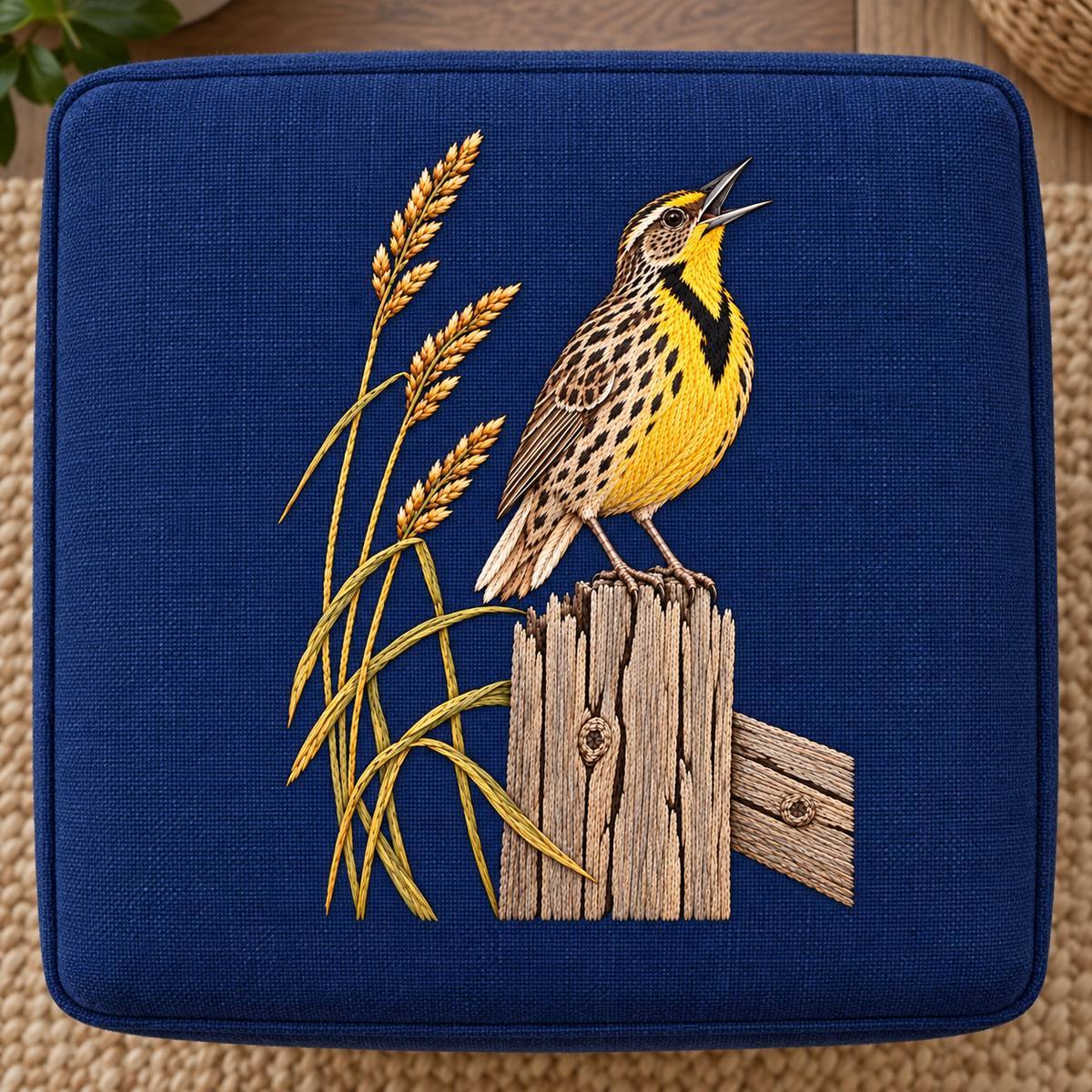 Meadowlark embroidery design in a digital mockup of square indigo ottoman top with portrait motif, directly overhead. Placement inspiration for Study 56.