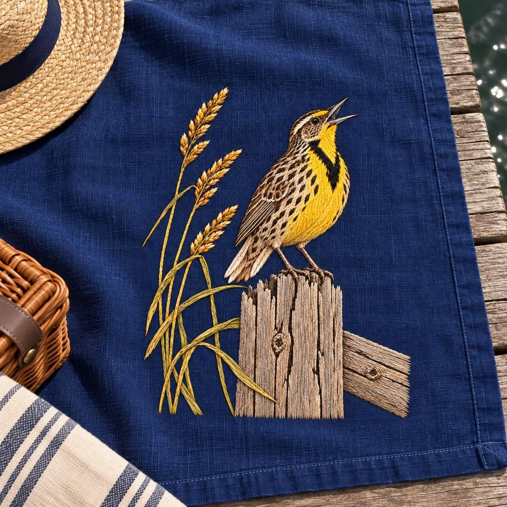 Meadowlark embroidery design in a digital mockup of indigo picnic blanket corner viewed overhead on a wooden jetty. Placement inspiration for Study 56.