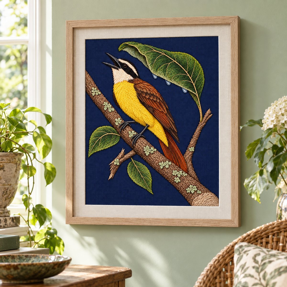 Kiskadee embroidery design shown in a digital mockup of portrait embroidery in a natural ash frame on a pale green conservatory wall. Study 57.