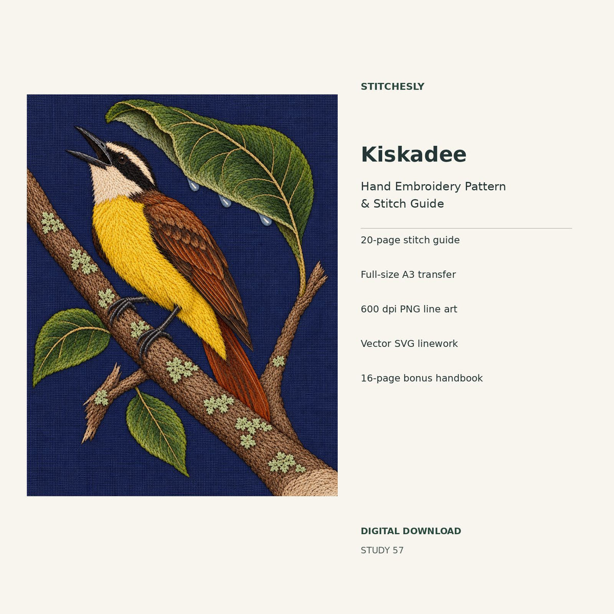 Kiskadee hand embroidery digital package cover showing the reference artwork and included guide, transfer, PNG, SVG and bonus handbook.