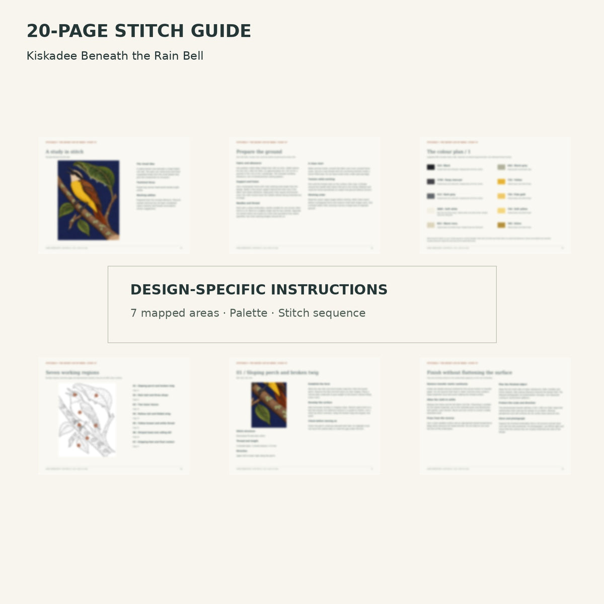 Protected page overview of the 20-page Kiskadee stitch guide, including its numbered map, suggested palette and working sequence.