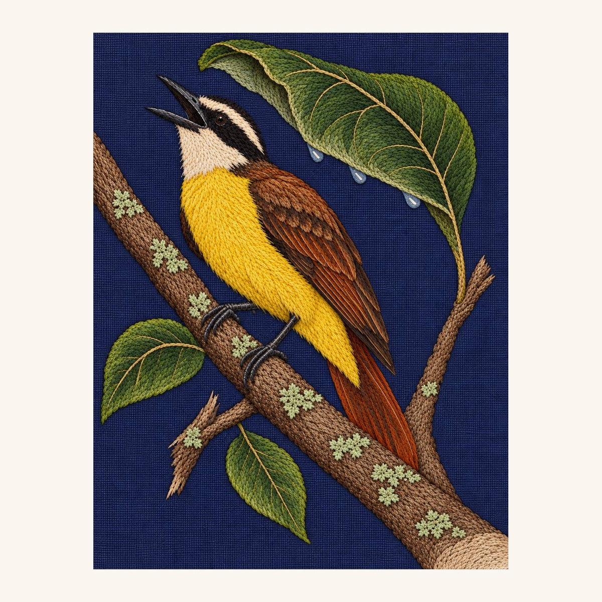 Digital embroidery reference showing a calling kiskadee beneath a rain leaf on deep indigo linen, portrait composition.