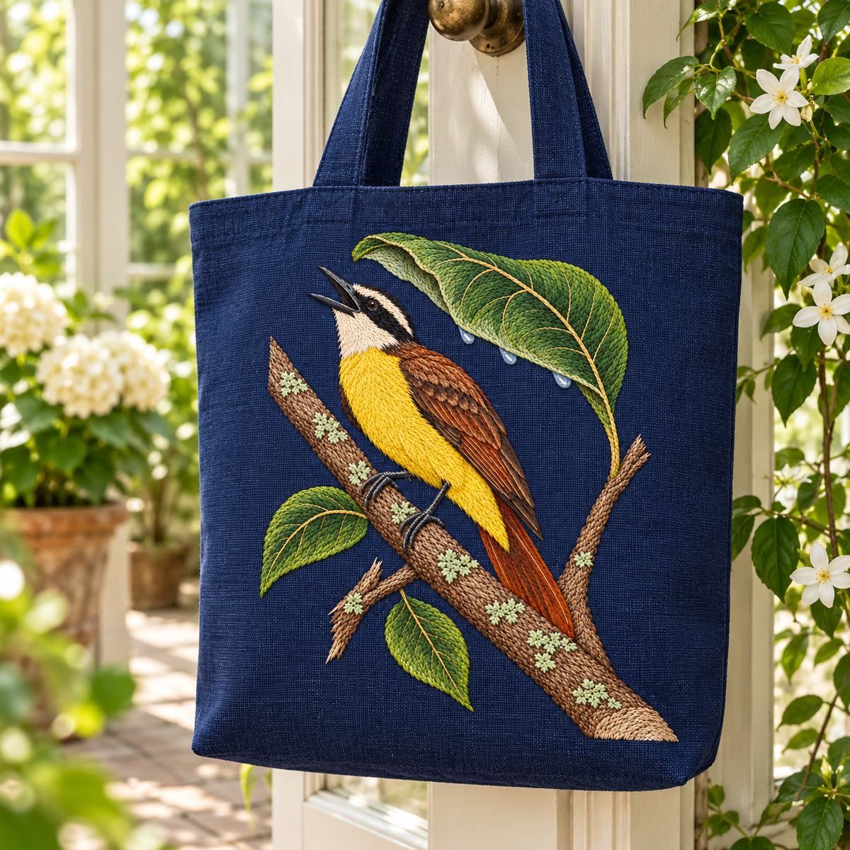 Kiskadee embroidery design in a digital mockup of deep indigo linen garden tote with portrait front panel, hanging upright beside a conservatory door. Placement inspiration for Study 57.