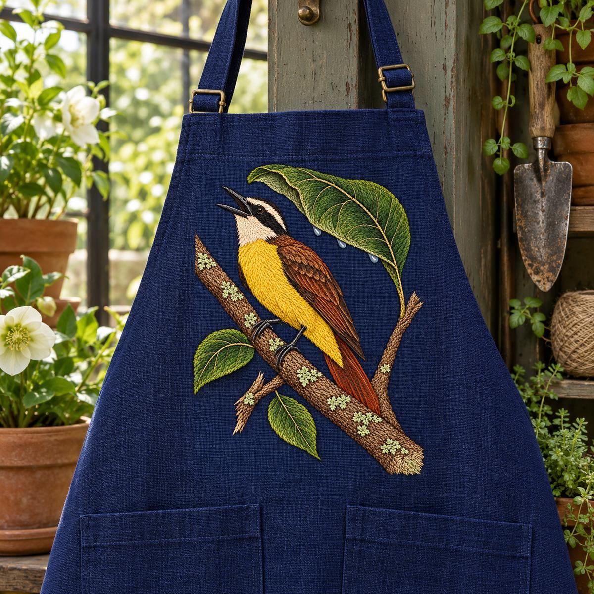 Kiskadee embroidery design in a digital mockup of indigo apron hanging straight from a greenhouse hook, bird on large chest panel above pockets. Placement inspiration for Study 57.