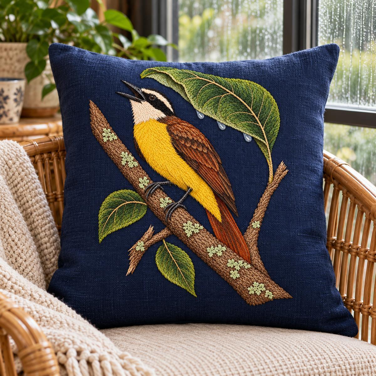 Kiskadee embroidery design in a digital mockup of rectangular indigo cushion placed upright on a rattan sunroom chair near rain-streaked glass. Placement inspiration for Study 57.
