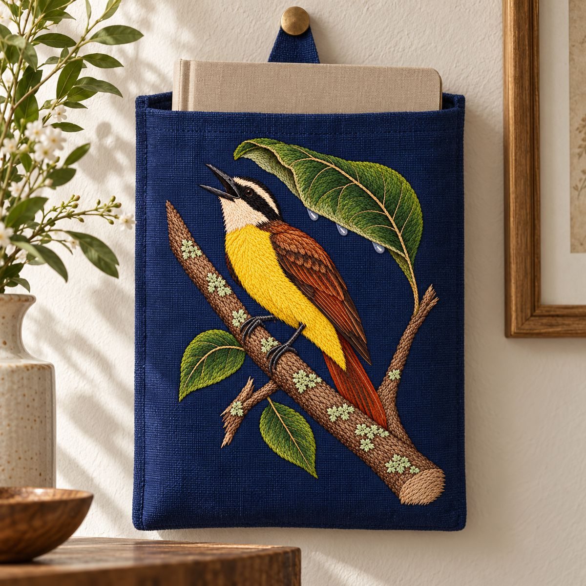 Kiskadee embroidery design in a digital mockup of portrait linen wall pocket with embroidery on the flat front and opening above motif, holding one plain notebook. Placement inspiration for Study 57.