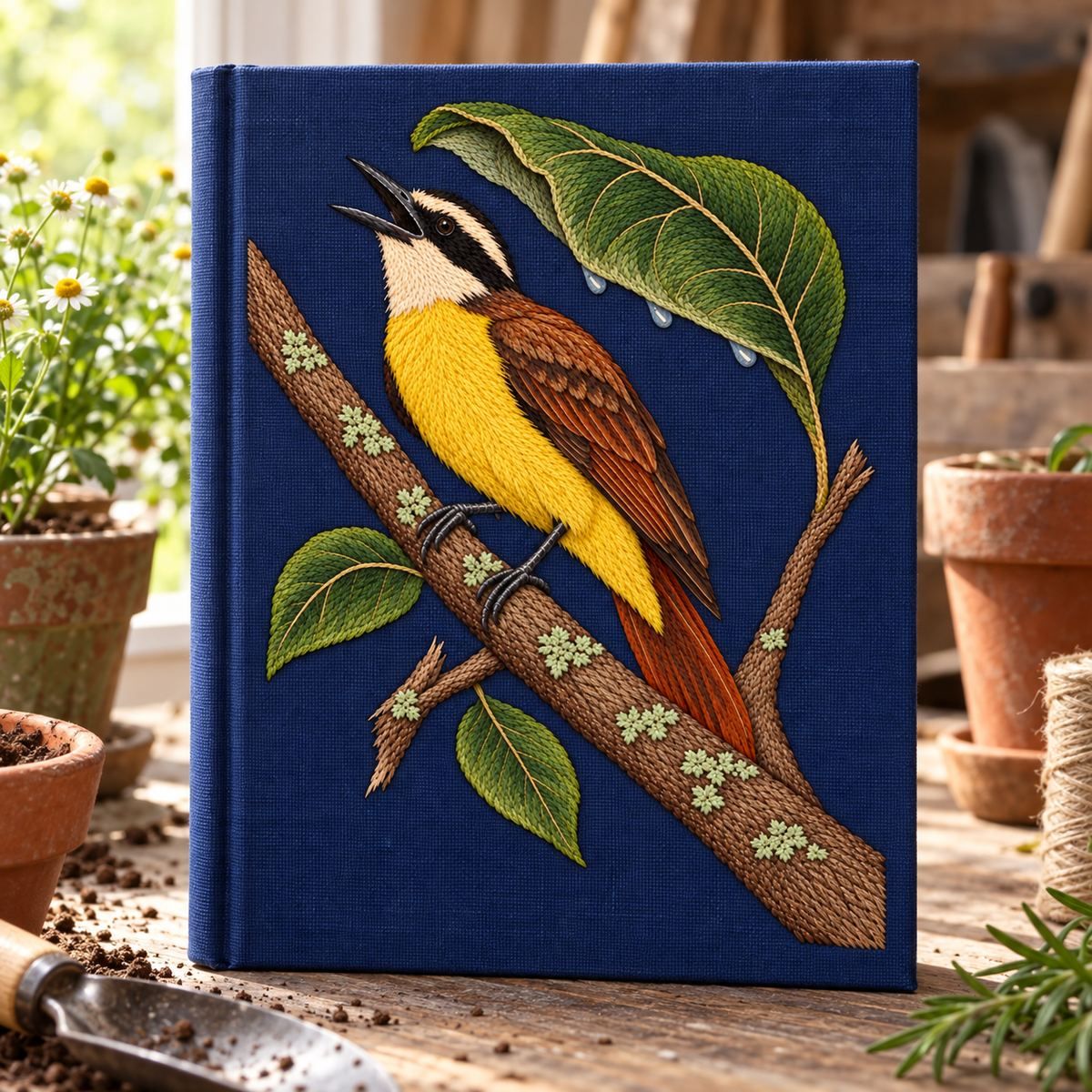 Kiskadee embroidery design in a digital mockup of indigo cover on a large upright gardener's journal on potting bench. Placement inspiration for Study 57.