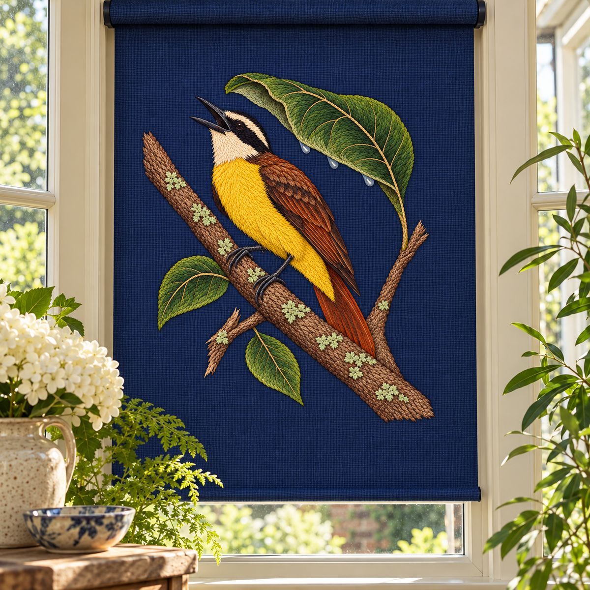 Kiskadee embroidery design in a digital mockup of indigo roller shade in a narrow conservatory window, motif on a flat vertical section above sill. Placement inspiration for Study 57.
