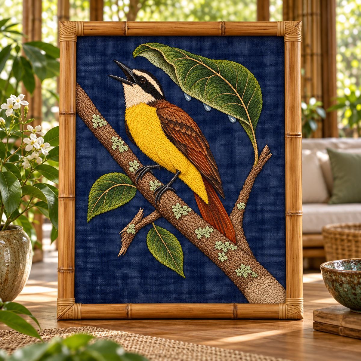 Kiskadee embroidery design in a digital mockup of linen inset in a freestanding bamboo panel in a covered garden room. Placement inspiration for Study 57.