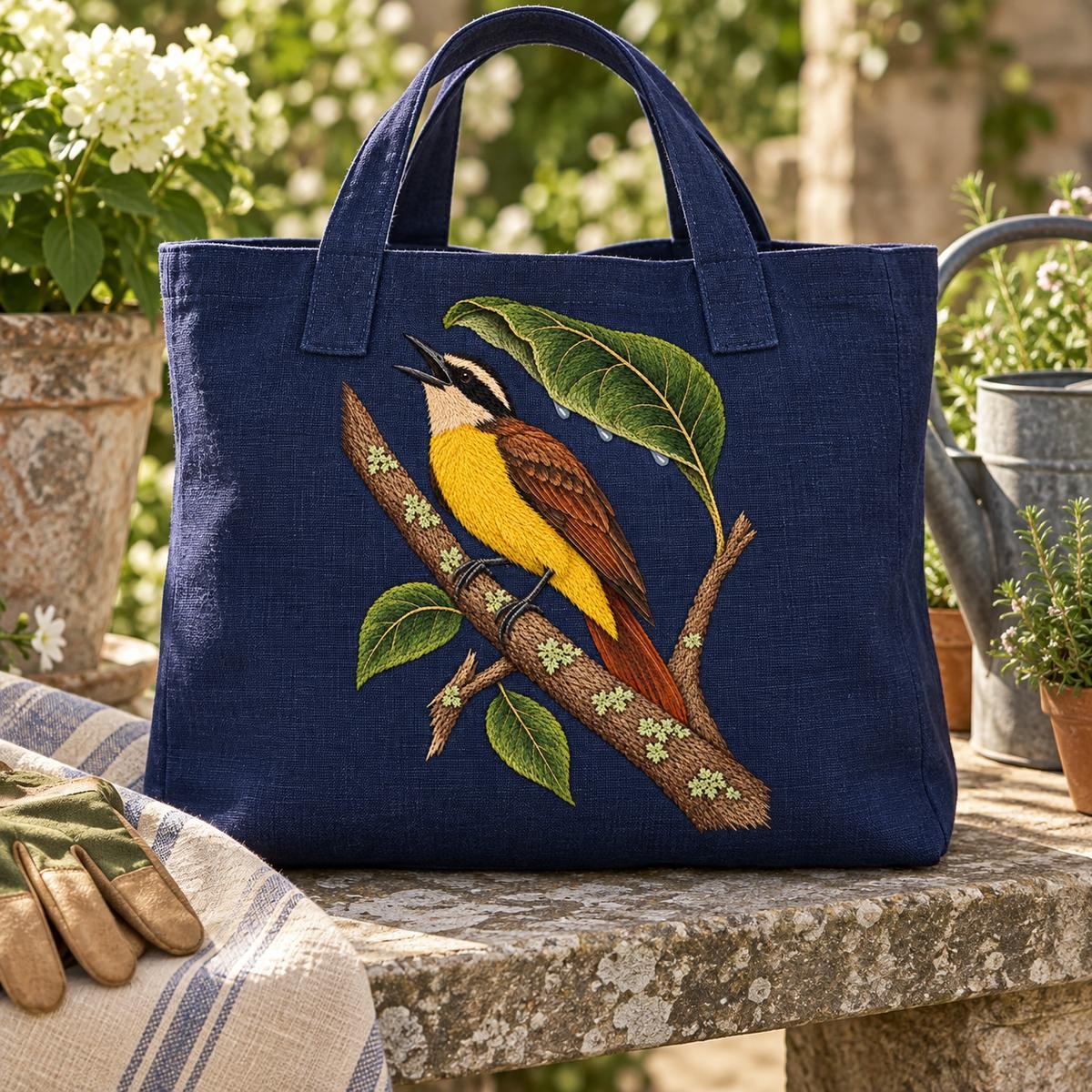 Kiskadee embroidery design in a digital mockup of large indigo gardening carryall on a stone bench, flat front embroidery fully visible. Placement inspiration for Study 57.