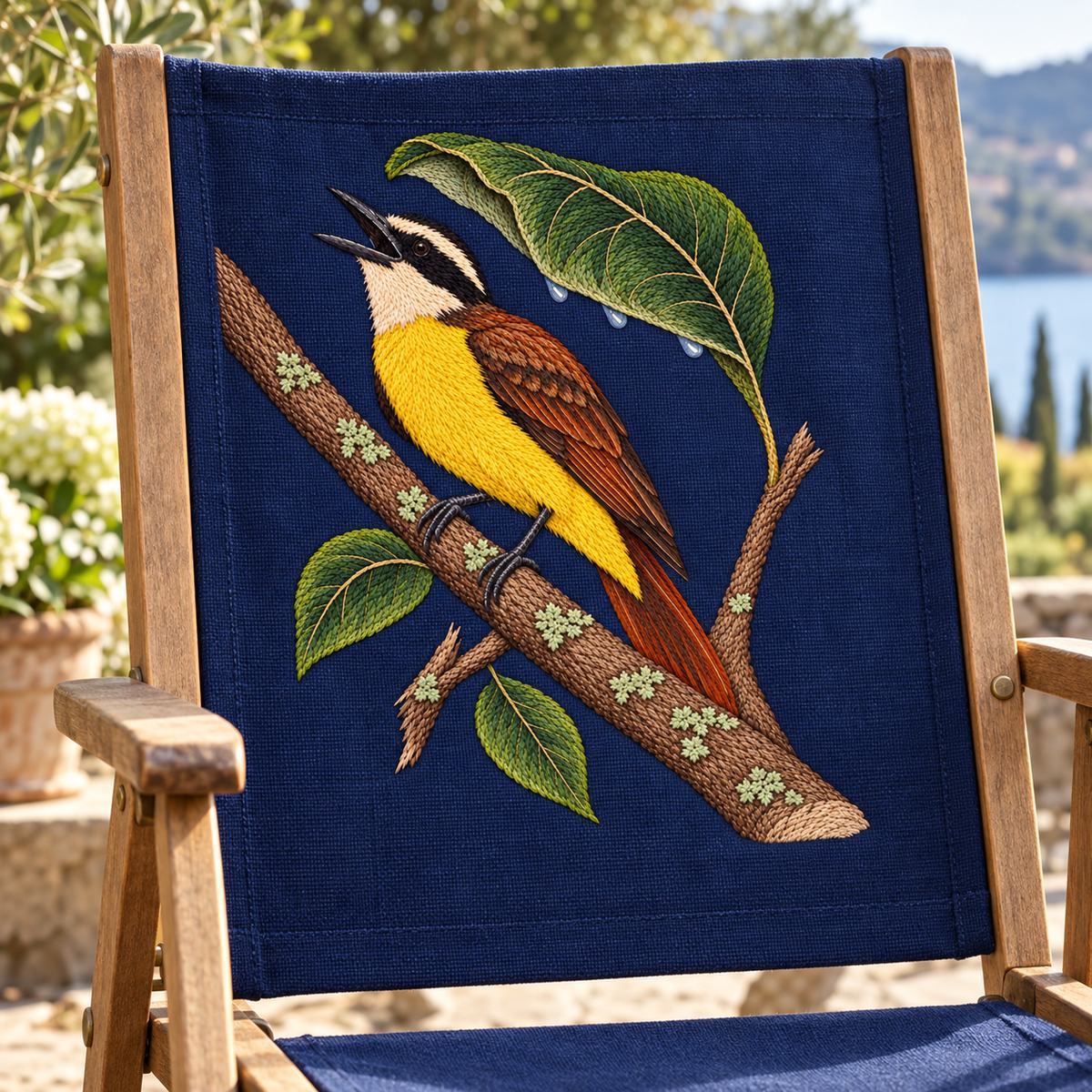Kiskadee embroidery design in a digital mockup of indigo linen back panel on a tall canvas folding garden chair, viewed from behind. Placement inspiration for Study 57.