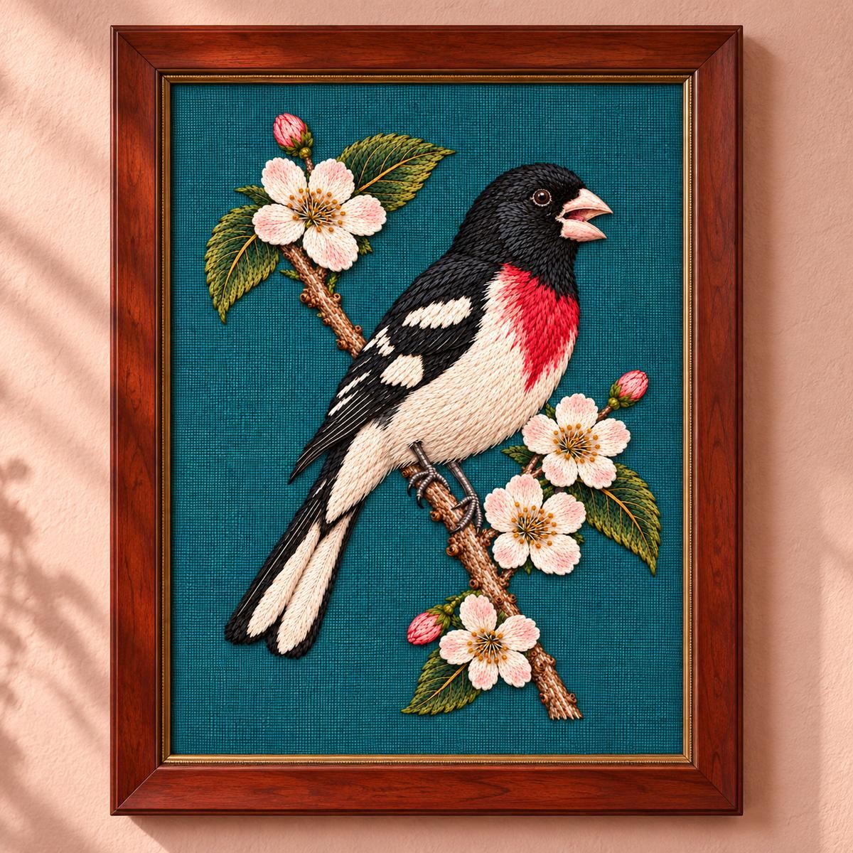 Grosbeak embroidery design shown in a digital mockup of vertical cherrywood frame, artwork opening wide by40cm tall, on a blush plaster wall. Study 58.