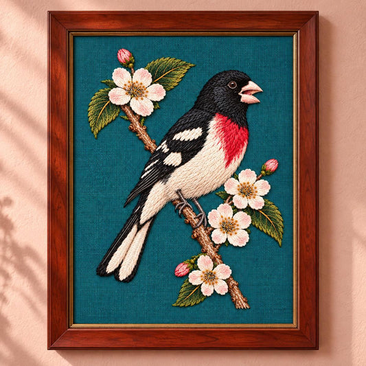 Grosbeak embroidery design shown in a digital mockup of vertical cherrywood frame, artwork opening wide by40cm tall, on a blush plaster wall. Study 58.