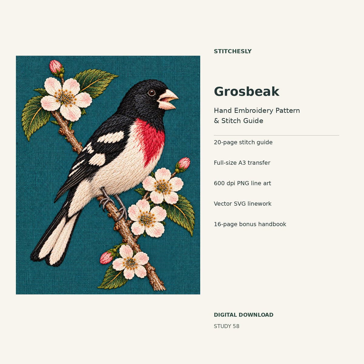 Grosbeak hand embroidery digital package cover showing the reference artwork and included guide, transfer, PNG, SVG and bonus handbook.