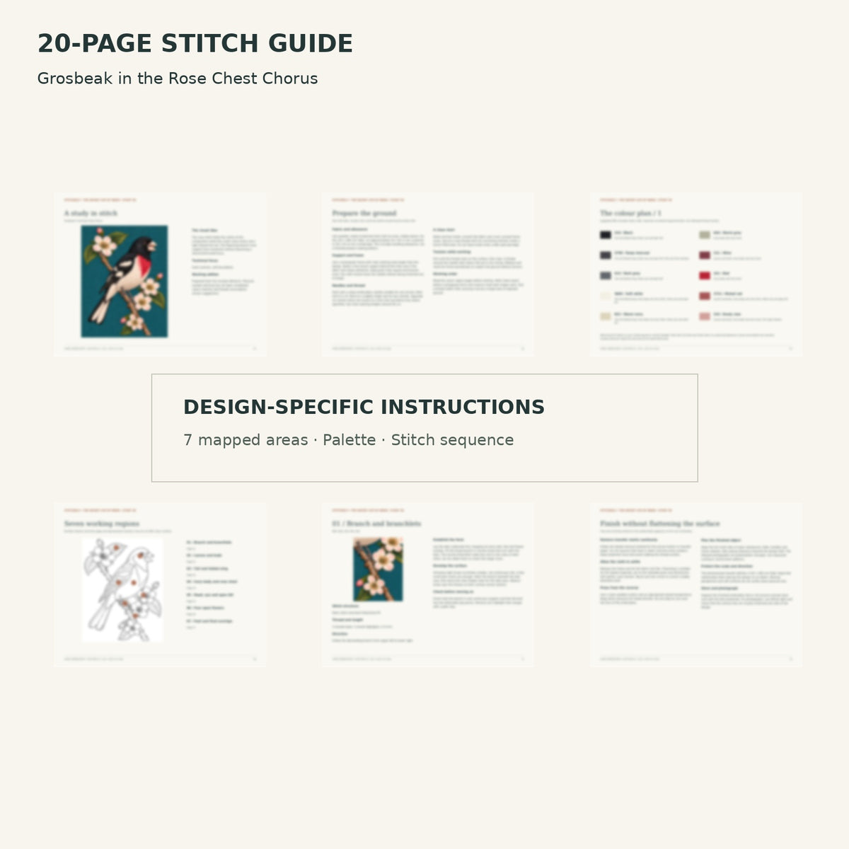 Protected page overview of the 20-page Grosbeak stitch guide, including its numbered map, suggested palette and working sequence.