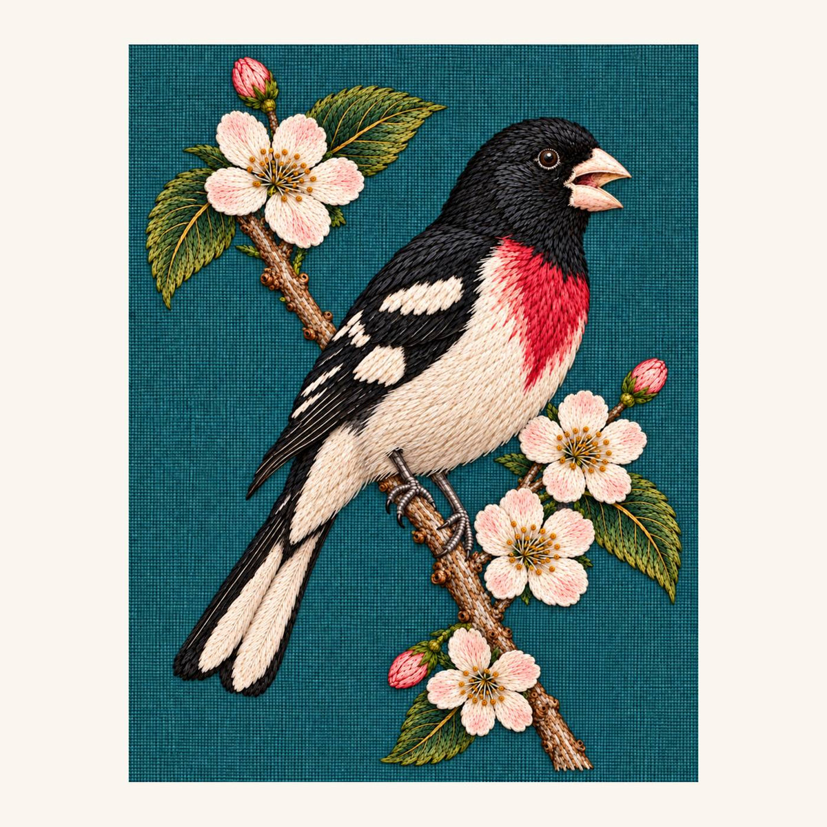 Digital embroidery reference showing a grosbeak among four open flowers on muted teal linen, portrait composition.