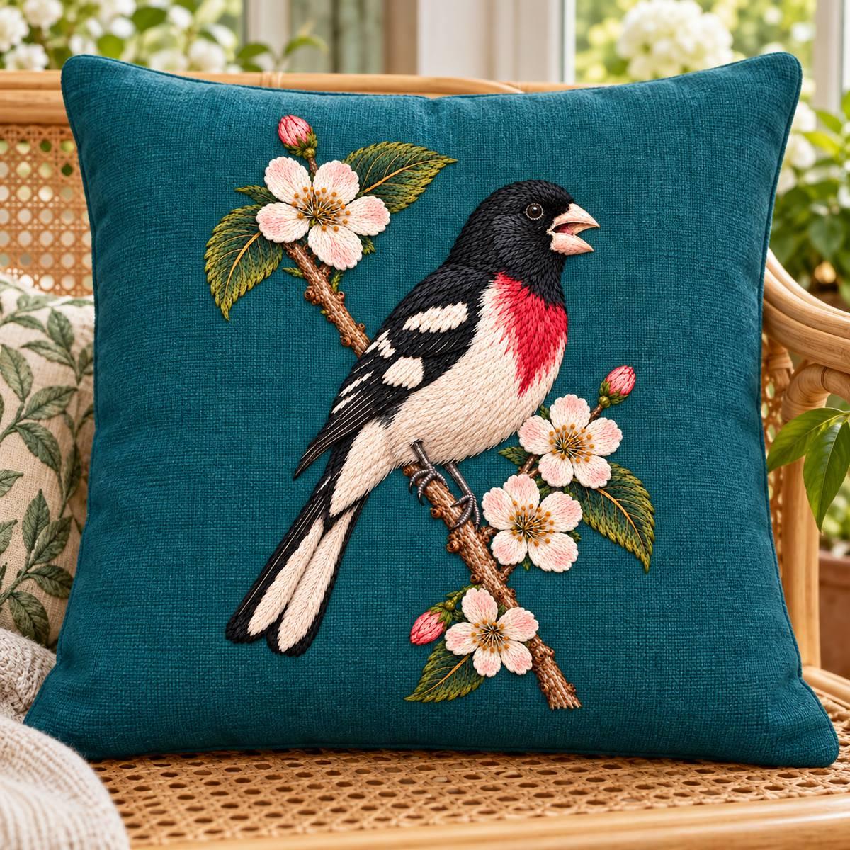 Grosbeak embroidery design in a digital mockup of square teal cushion on a cane conservatory bench. Placement inspiration for Study 58.