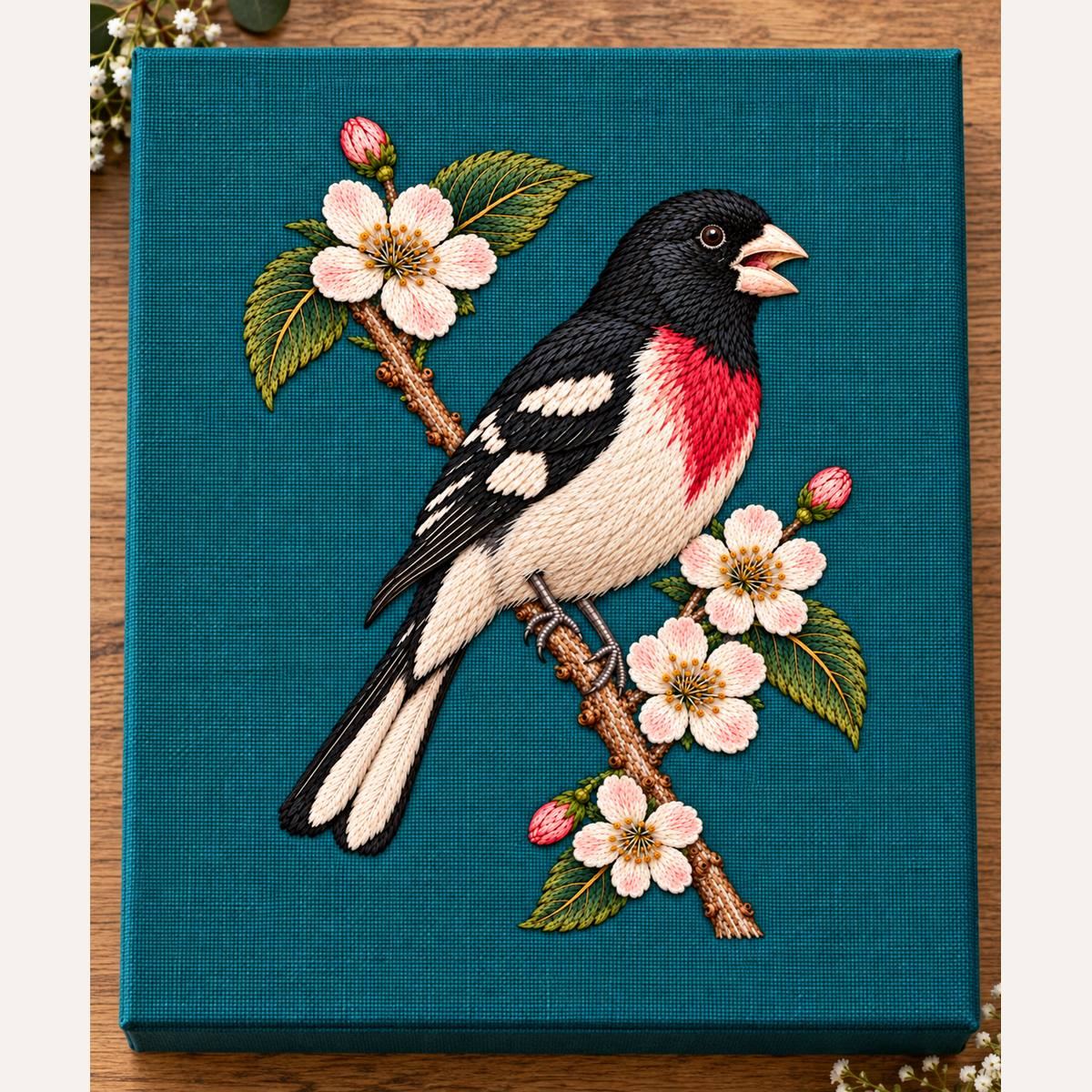 Grosbeak embroidery design in a digital mockup of portrait-oriented teal linen wedding memory box lid, overhead on oak. Placement inspiration for Study 58.