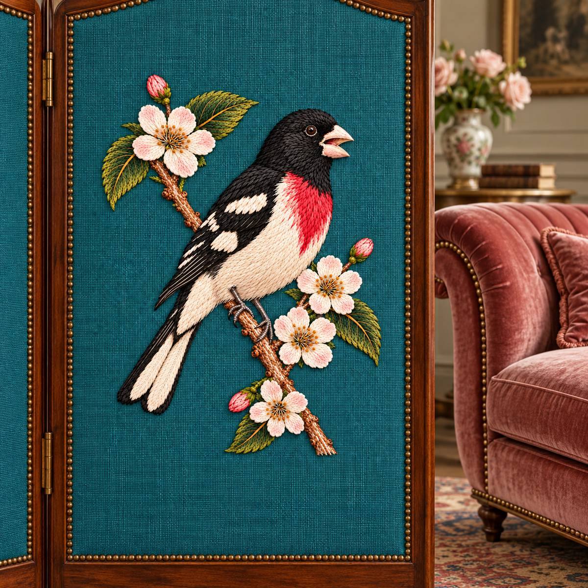 Grosbeak embroidery design in a digital mockup of vertical teal textile inset in a dressing screen beside rose velvet chaise. Placement inspiration for Study 58.