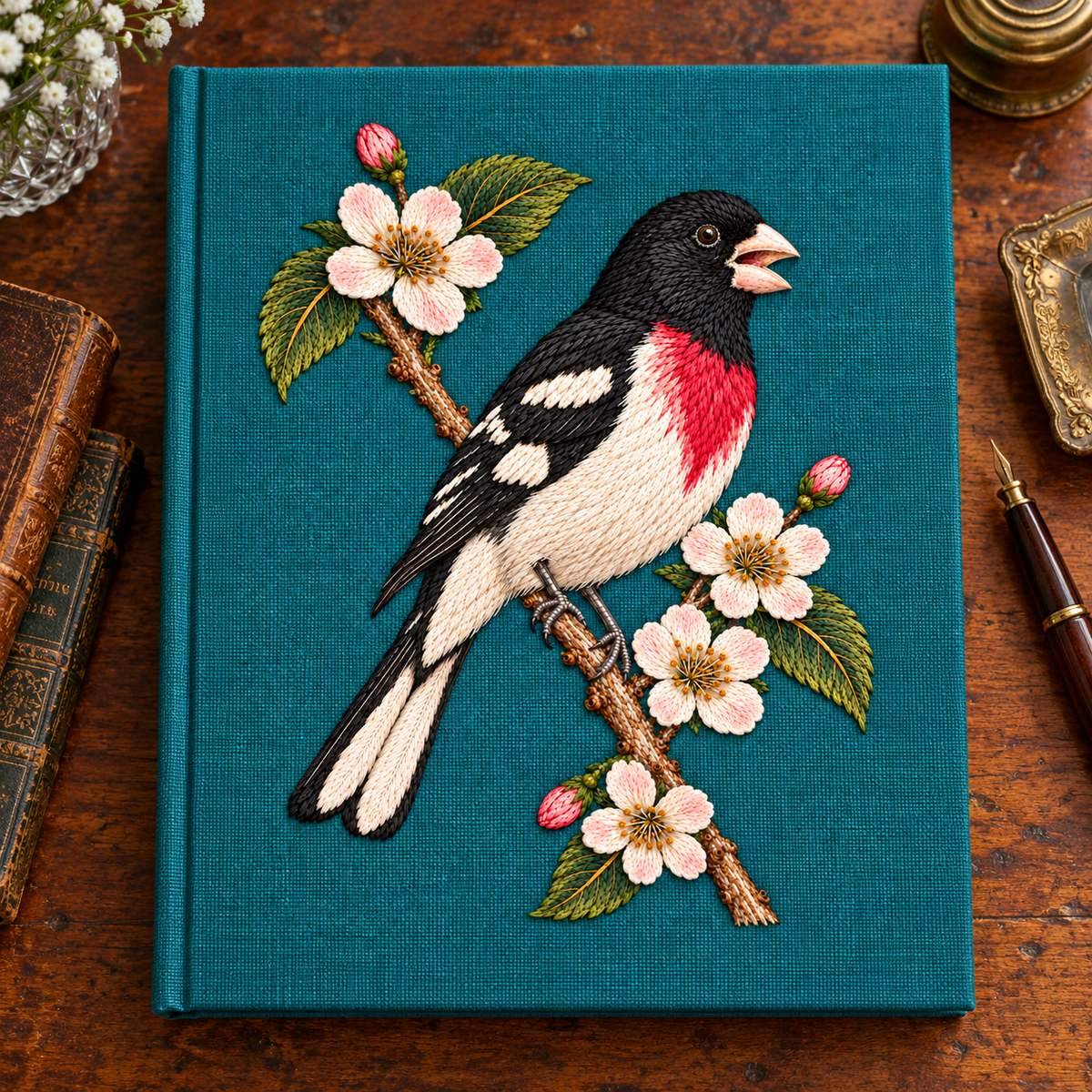 Grosbeak embroidery design in a digital mockup of portrait teal album cover on an antique writing desk. Placement inspiration for Study 58.