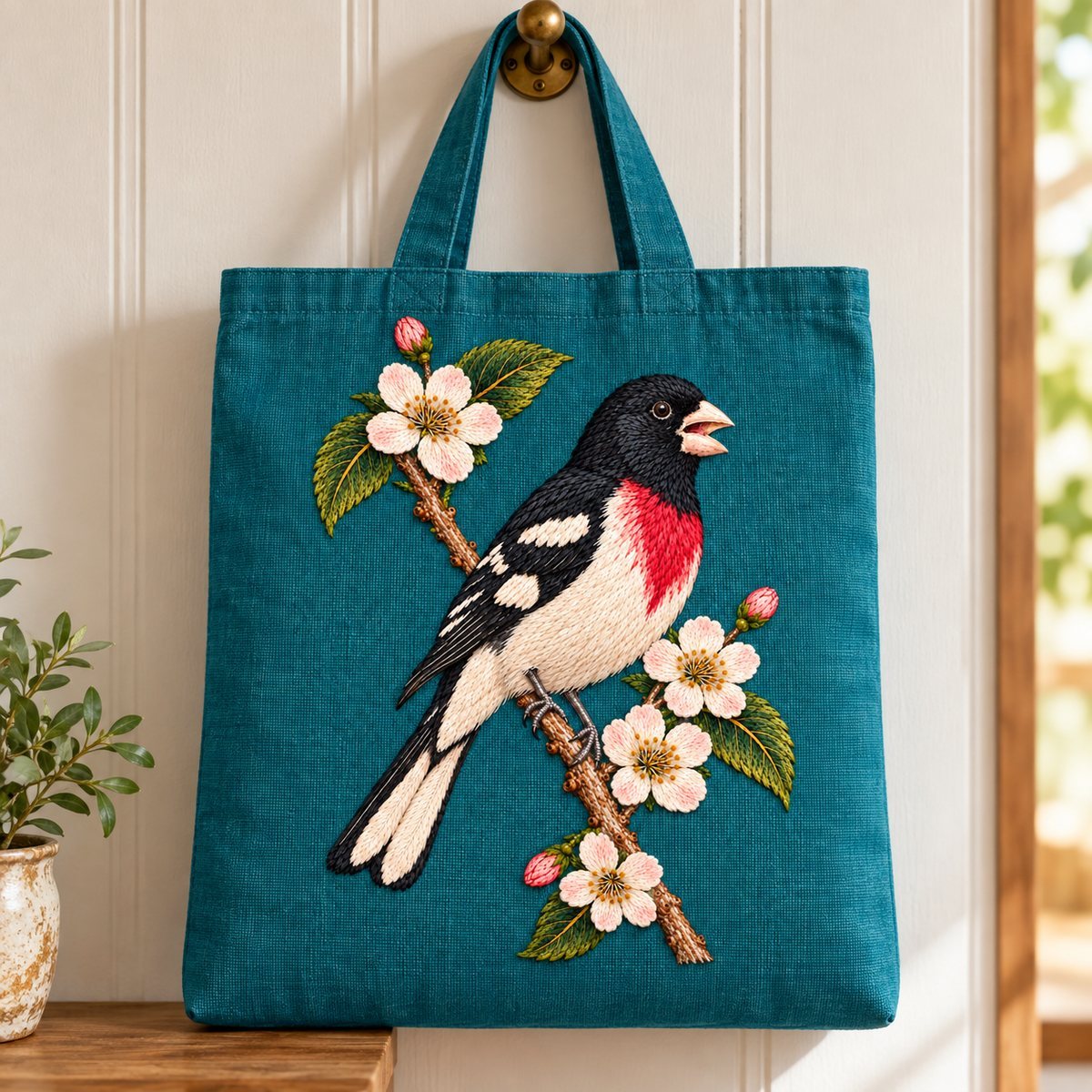 Grosbeak embroidery design in a digital mockup of upright teal shopping tote on a brass hook. Placement inspiration for Study 58.