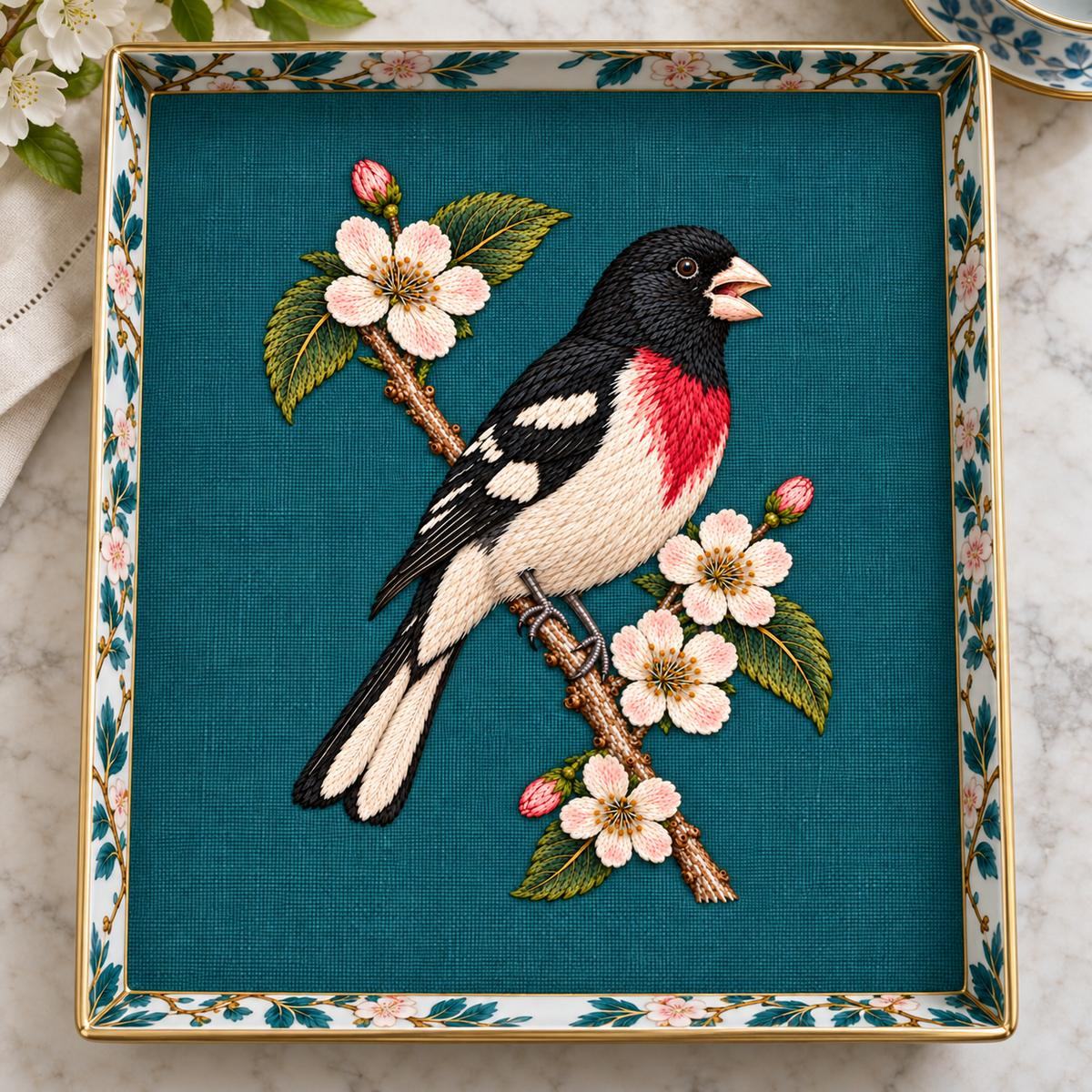 Grosbeak embroidery design in a digital mockup of portrait teal linen-lined tray, directly overhead, porcelain outside motif. Placement inspiration for Study 58.
