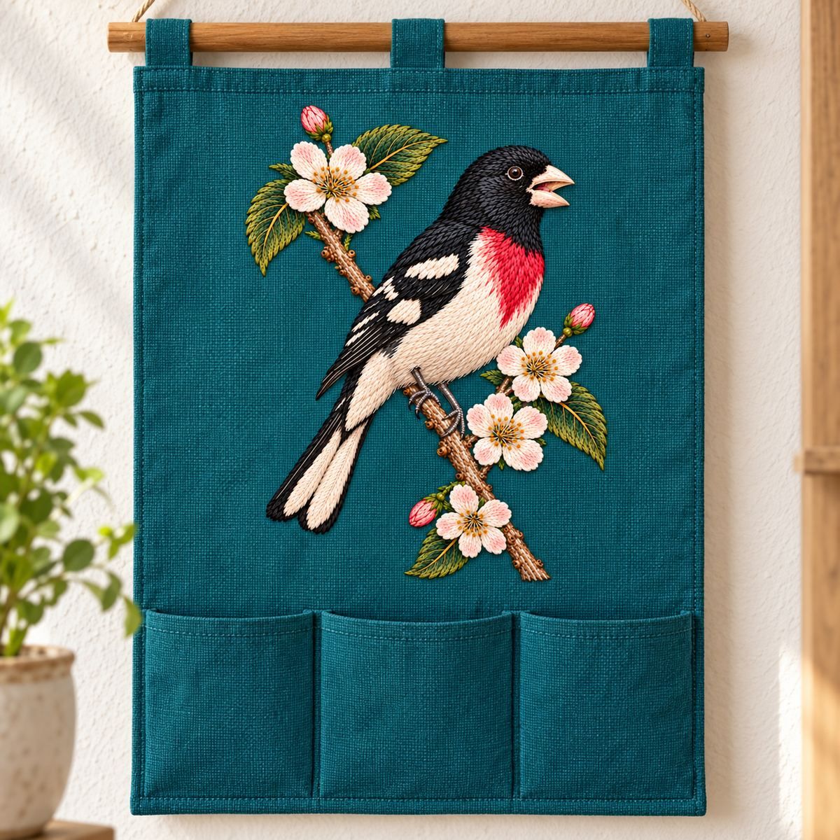 Grosbeak embroidery design in a digital mockup of vertical teal hanging pocket organizer, motif on uninterrupted front. Placement inspiration for Study 58.