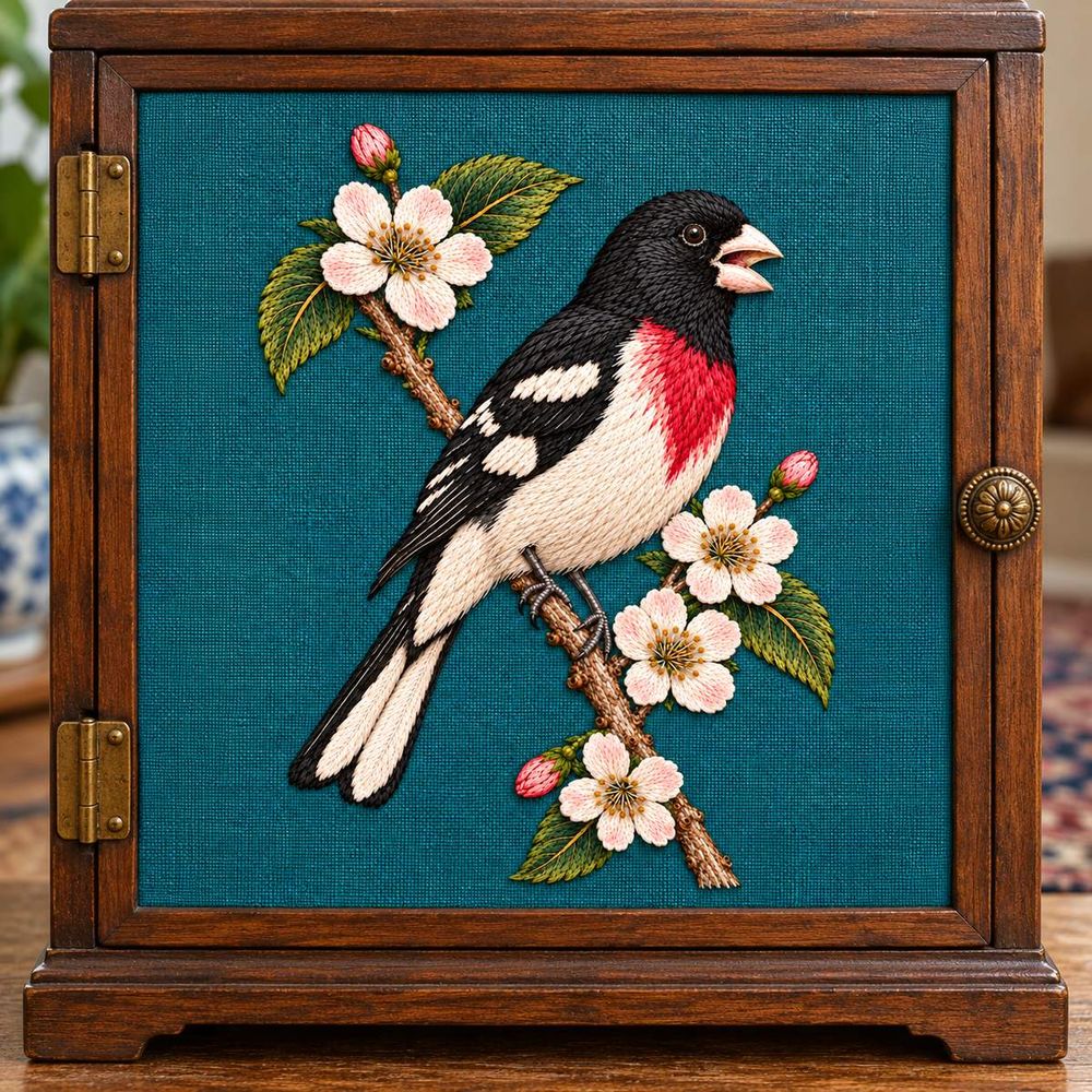 Grosbeak embroidery design in a digital mockup of upright teal fabric inset on a keepsake chest door. Placement inspiration for Study 58.