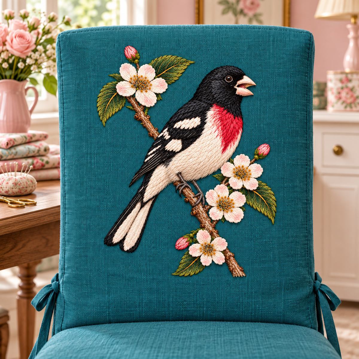 Grosbeak embroidery design in a digital mockup of vertical teal chair-back slipcover, front-facing in pale rose sewing room. Placement inspiration for Study 58.