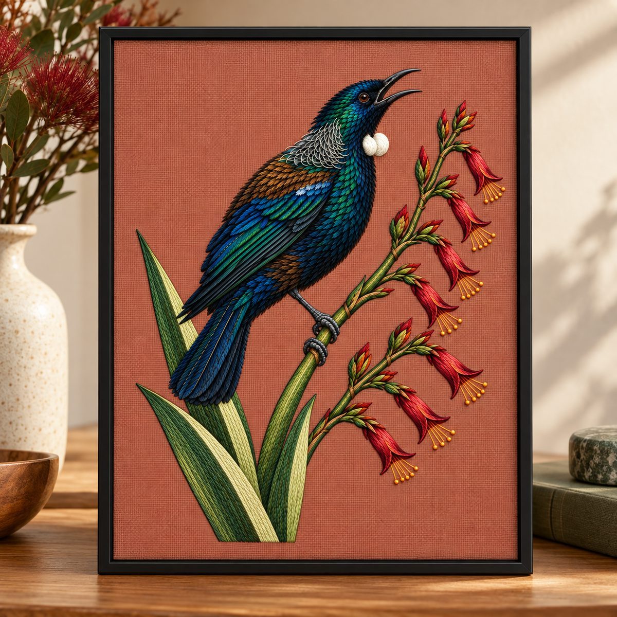 Tui embroidery design shown in a digital mockup of A rose-brown embroidered portrait panel in a slim black floatingframe, warmminimalroom. Study 59.