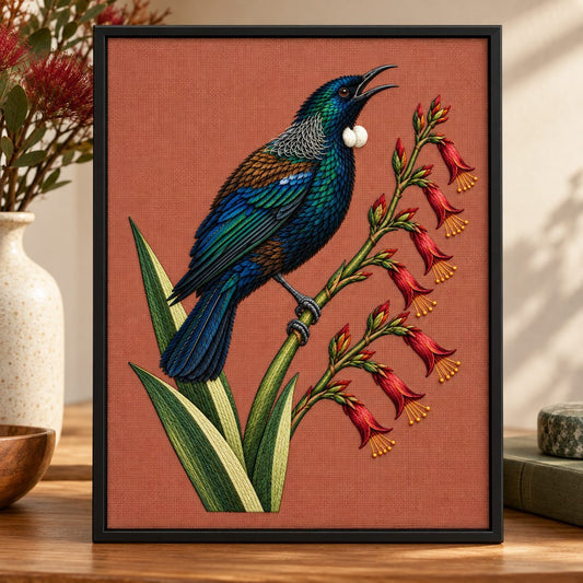 Tui embroidery design shown in a digital mockup of A rose-brown embroidered portrait panel in a slim black floatingframe, warmminimalroom. Study 59.
