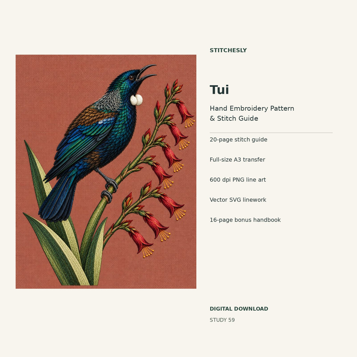Tui hand embroidery digital package cover showing the reference artwork and included guide, transfer, PNG, SVG and bonus handbook.