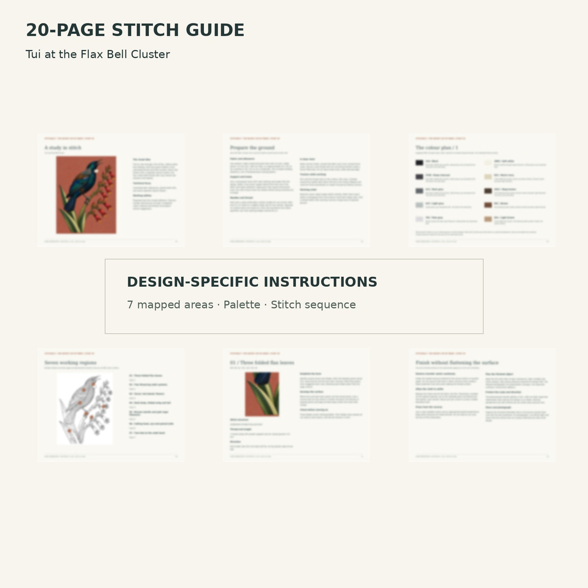 Protected page overview of the 20-page Tui stitch guide, including its numbered map, suggested palette and working sequence.