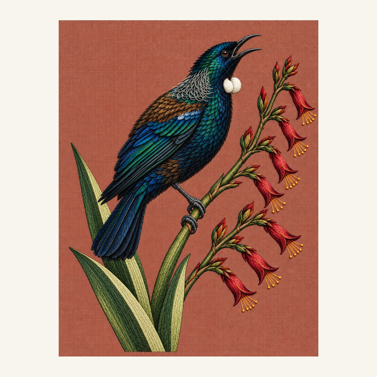 Digital embroidery reference showing a tui beside seven red flax flowers on muted terracotta linen, portrait composition.