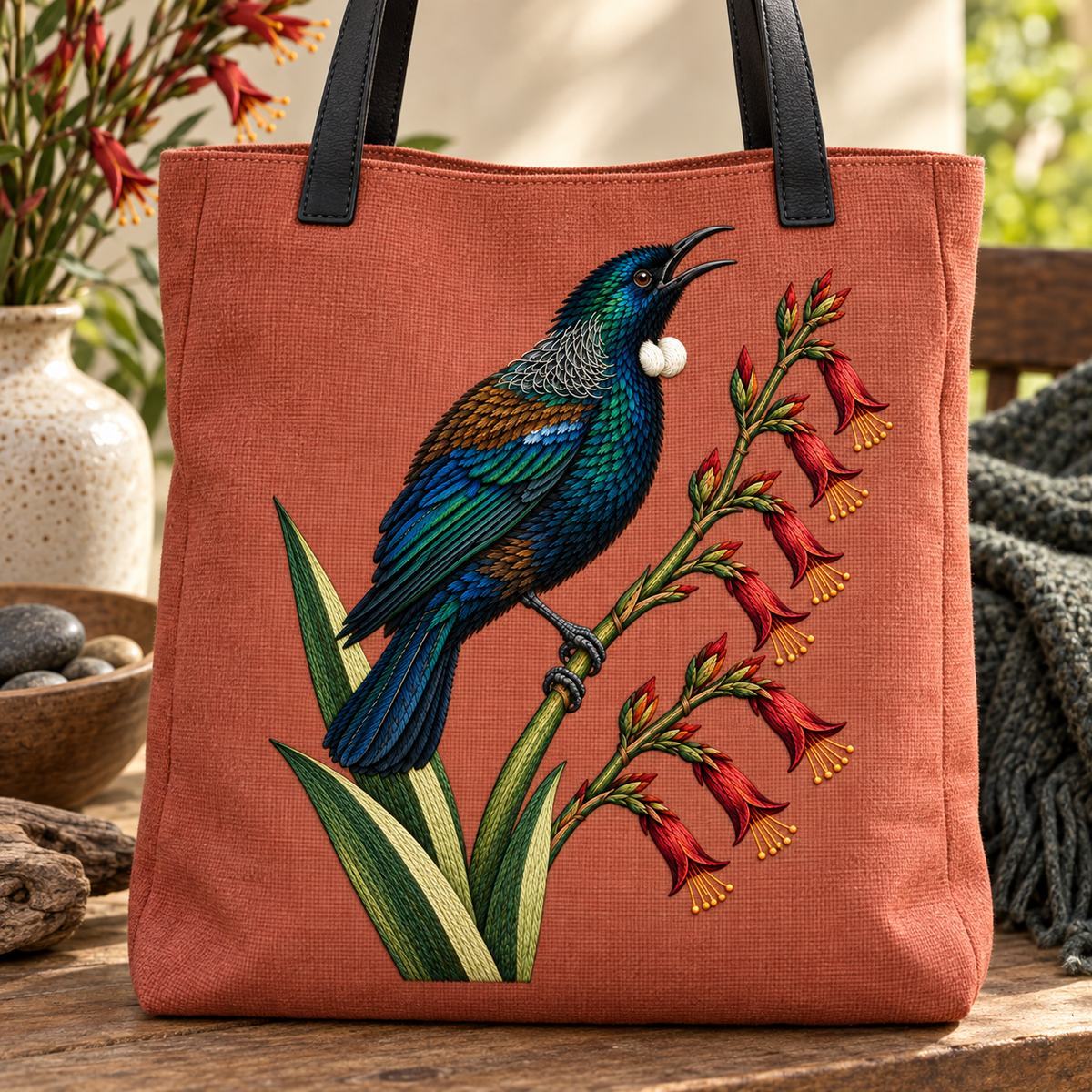 Tui embroidery design in a digital mockup of A structured terracotta linen shoulder tote with blackleather handles and full tui motifportrait. Placement inspiration for Study 59.