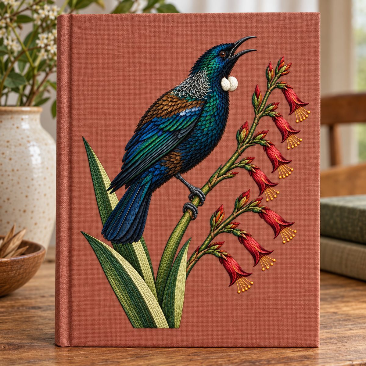 Tui embroidery design in a digital mockup of A botanical specimen portfolio standing upright, rosebrown clothcover, no specimenprops over motif. Placement inspiration for Study 59.
