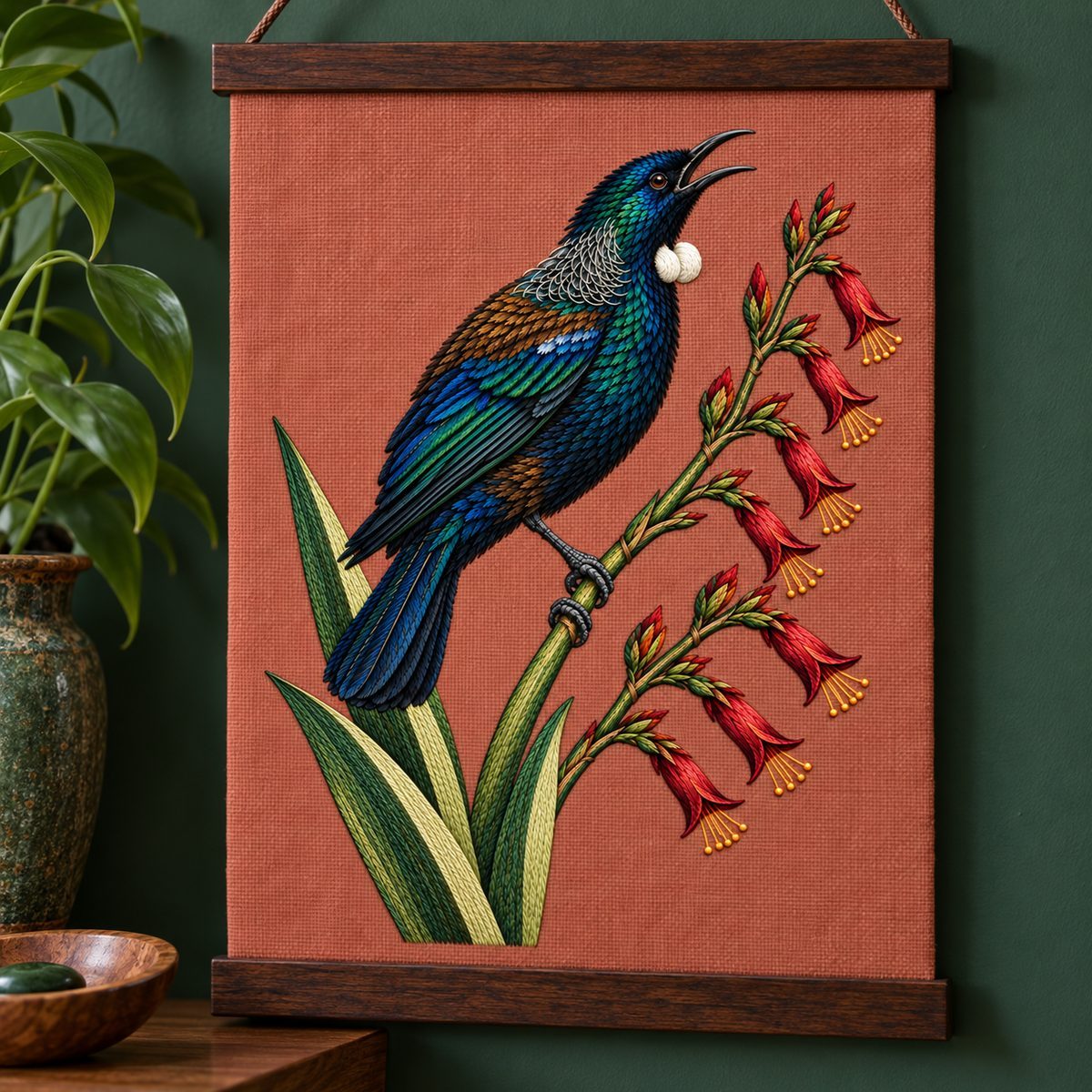 Tui embroidery design in a digital mockup of A narrow rose linen wallbanner between darkwood topandbottomrails, deepgreenwall. Placement inspiration for Study 59.