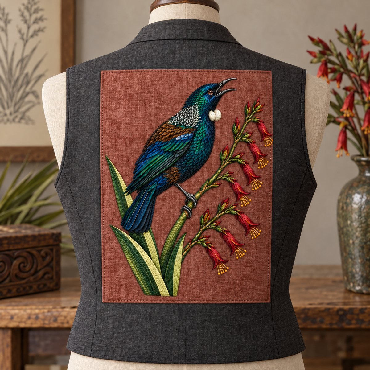 Tui embroidery design in a digital mockup of A portrait embroidery inset on the back of a charcoal waistcoat shown on tailorform. Placement inspiration for Study 59.