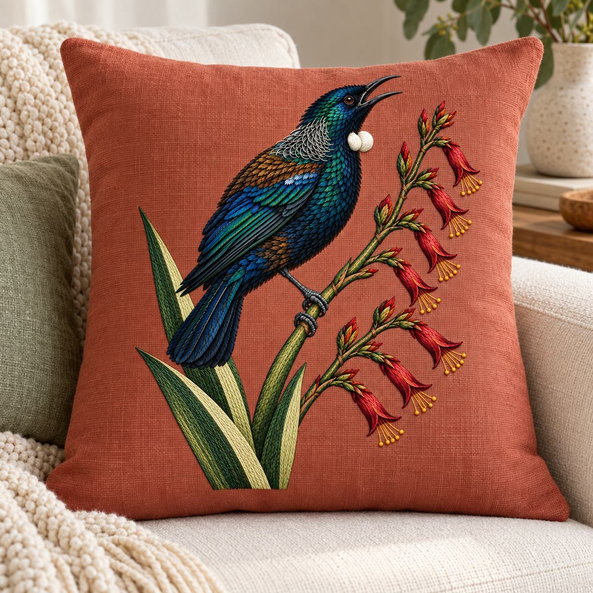 Tui embroidery design in a digital mockup of A tall soft rectangular cushion at one end of a creamsofa, tui headupright atupperright. Placement inspiration for Study 59.