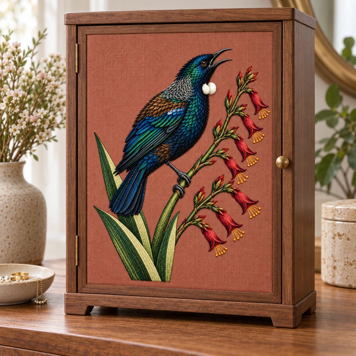 Tui embroidery design in a digital mockup of A small rosebrown linencovered jewellery cabinet with vertical embroidered frontdoor. Placement inspiration for Study 59.